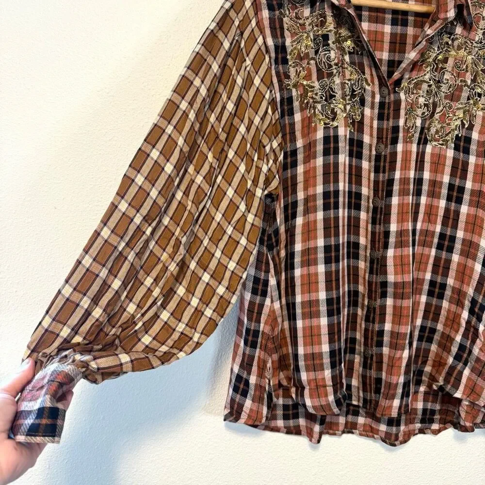 Free People‎ Copper Plaid Long Sleeve Blouse Size Medium NWT